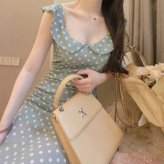2022 summer new French style sweet retro small fresh sleeveless polka dot dress slim fit goddess fan