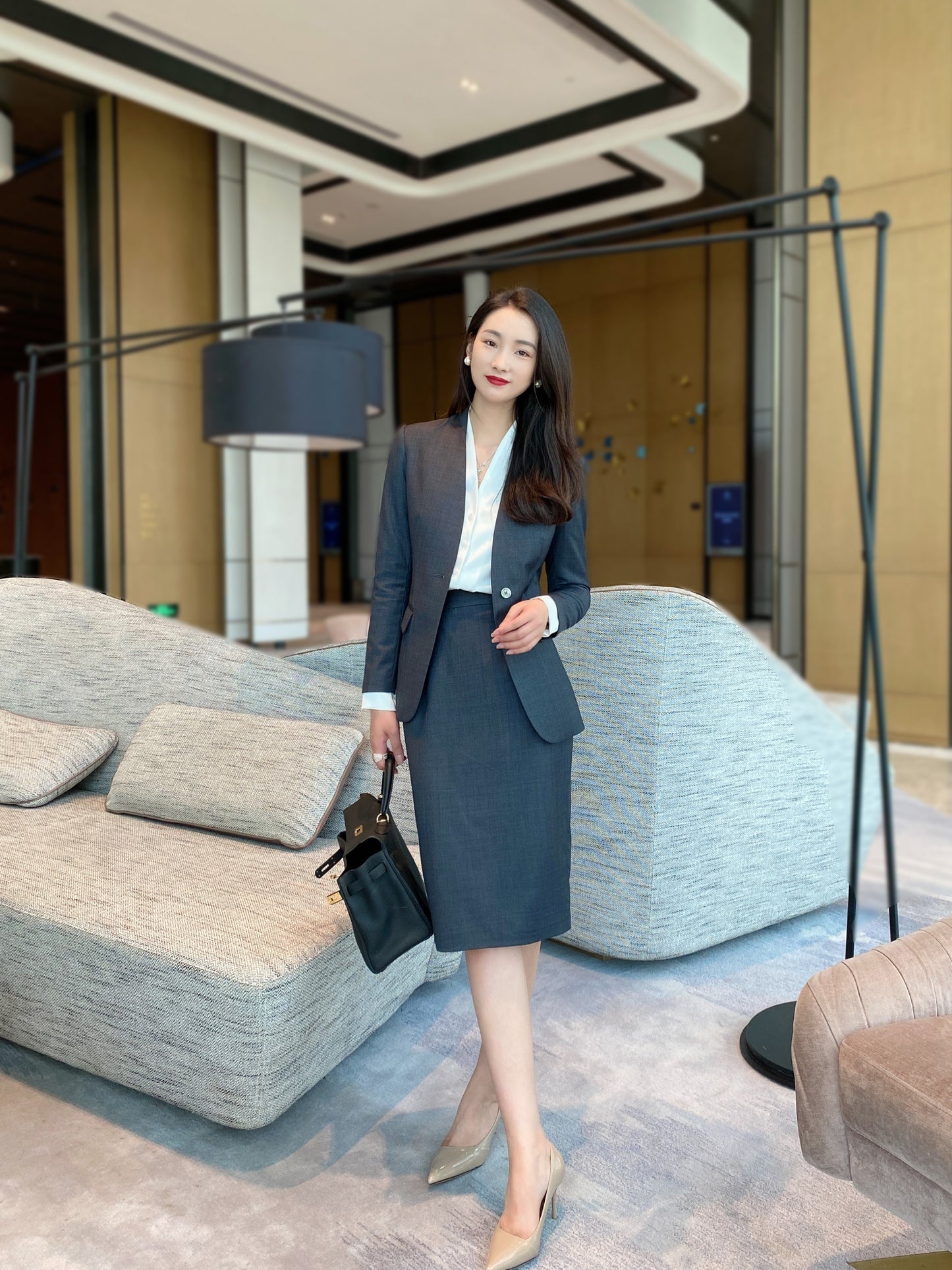 Autumn high-grade wool gray one-button suit jacket fashion commuter bag hip one-step skirt slim fit suit