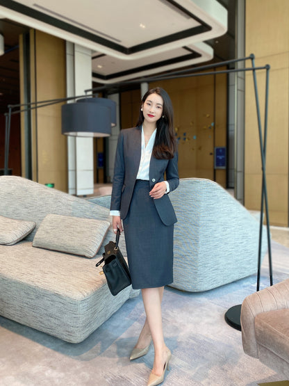 Autumn high-grade wool gray one-button suit jacket fashion commuter bag hip one-step skirt slim fit suit