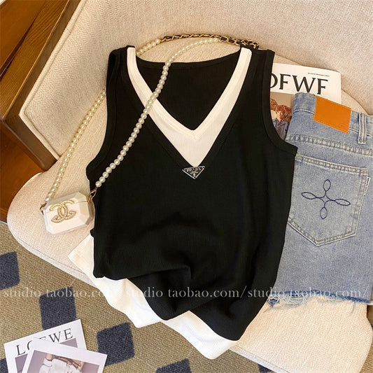 Fake two-piece V-neck ice silk foreign style all-match sleeveless top women's 2023 summer new French lazy jacket