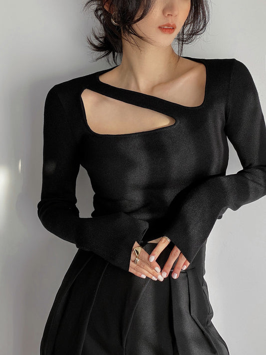 DOUBLE Z clavicle French square collar hollowed out knitted sweater women's autumn black hollowed out bottoming sweater