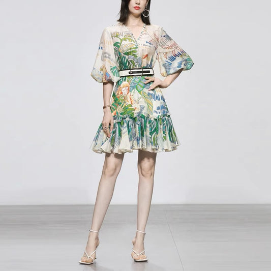 Summer women's clothing 2022 new temperament retro lantern sleeves waist slim green printed dress short skirt skirt