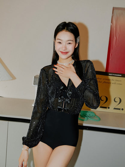 Yimeishan black swimsuit women's high-end sexy one-piece long-sleeved 2022 new hot spring swimsuit