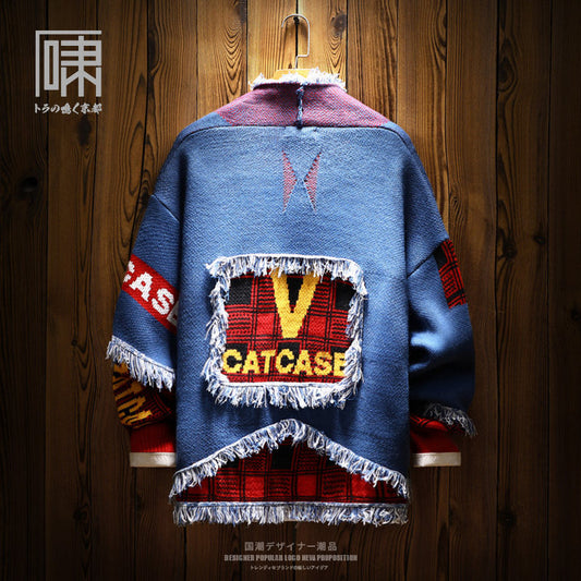 Korean trendy brand national tide design sense splicing cardigan sweater men's Japanese niche