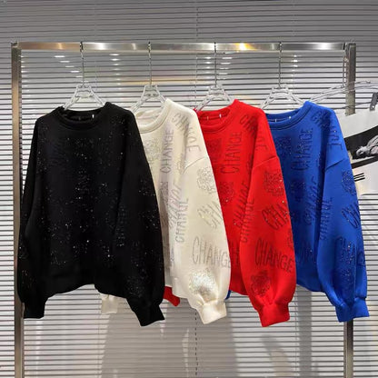 Net red with the same style 2022 autumn new full body letter rhinestone hot diamond shiny round neck pullover sweater top women's tide