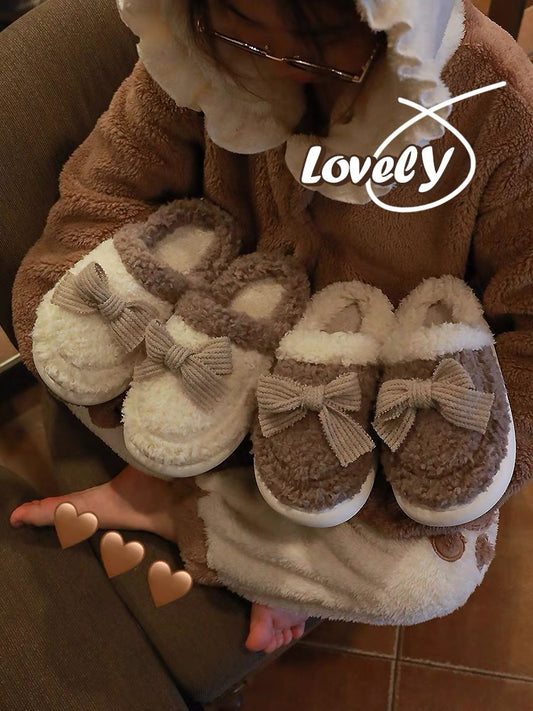 Cotton slippers women's autumn and winter home indoor soft bottom non-slip home plush warm cute bow postpartum confinement shoes