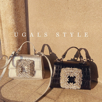UGALS crocodile pattern French retro shiny diamond hand-set diamond flower rhinestone small square bag portable Messenger bag