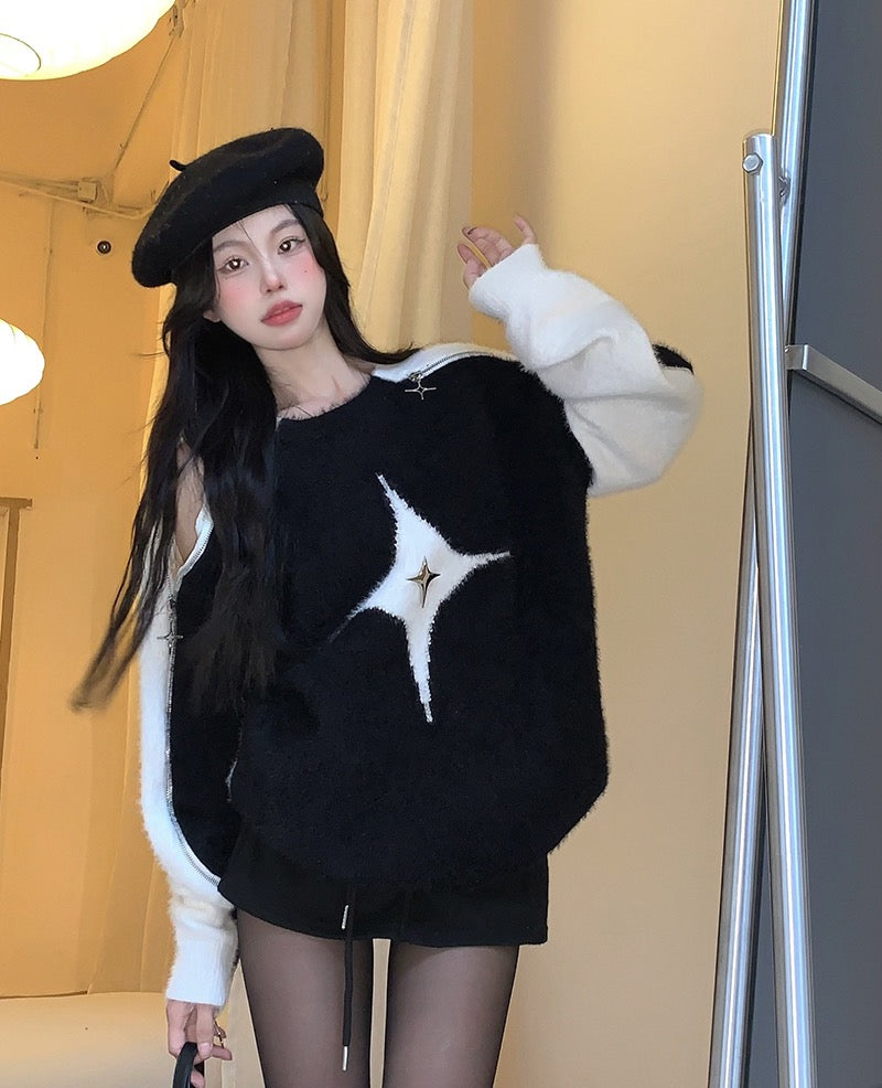 Lazy style retro round neck design off-the-shoulder knitted sweater women's autumn and winter mid-length loose sweater niche top