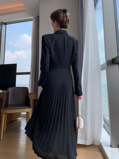 Guoge customized black dress female 2023 spring new suit collar waist thin temperament fake two pleated skirts