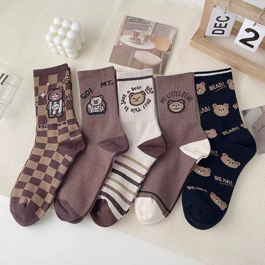 Net red super fire bear socks women's autumn and winter mid-tube socks pure cotton ins tide long tube plaid striped Korean sports