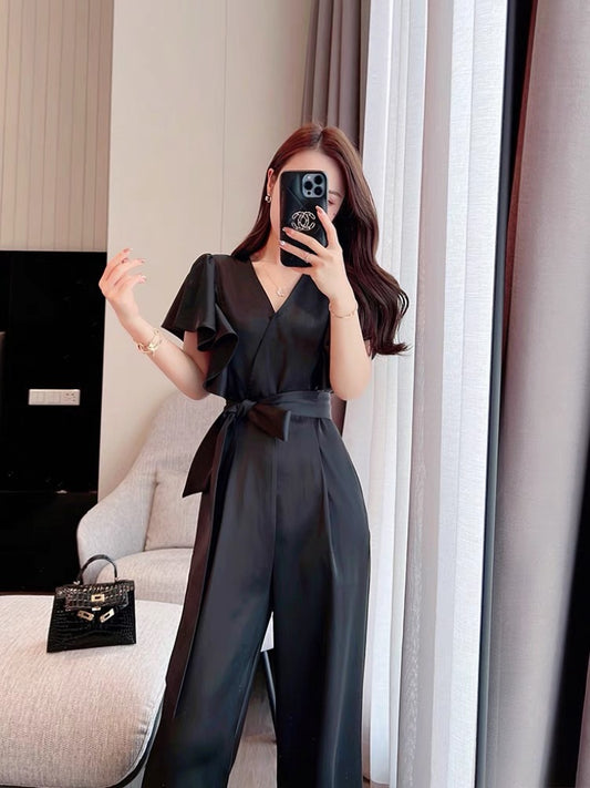 Miss Dong high-end custom 2022 summer new high-end tie lotus sleeve black straight wide-leg jumpsuit