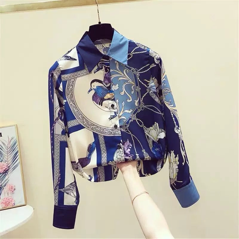 Women's clothing cutting label counters withdrawn foreign trade spring and autumn retro western style printing contrast color long-sleeved shirt tops