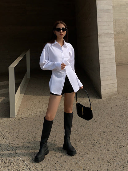 NEVA HU white waist slimming long-sleeved shirt female design sense niche 2022 autumn new slim shirt