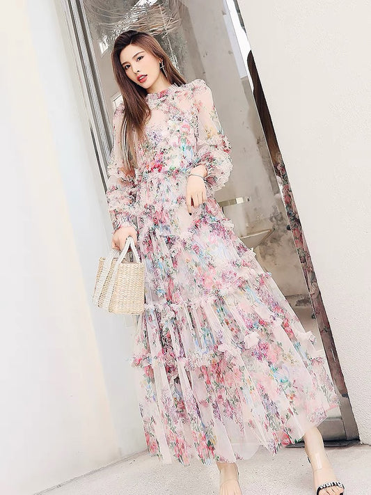 2022 early autumn new fairy skirt sweet super fairy French dress dress mesh floral skirt summer princess dress 1407