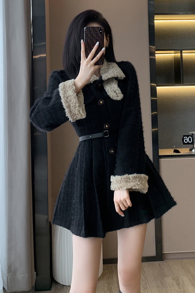 Autumn and winter new 2022 small fragrance black lamb wool dress women's high-end sense French small long-sleeved skirt