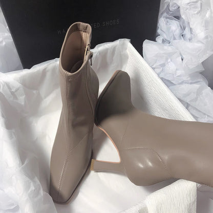 Senyu Haixiang Giant leg-length French high-heeled temperament Korean version of the solid color square head elastic thin and thin short boots