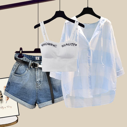 Pure and sweet suit summer hot girl vest sunscreen shirt short pants fried street net red hot style three-piece set female summer