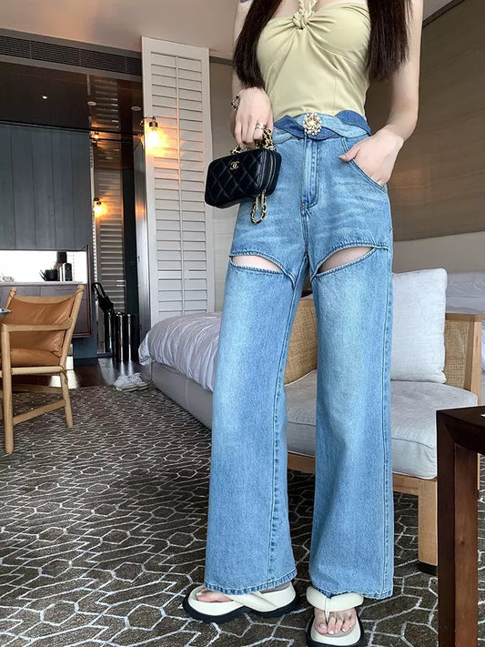 [Earth Store] Light-colored high street twist waist wide-leg ripped jeans straight loose high waist long pants women 1683
