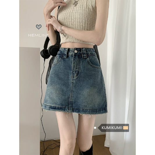kumikumi washed denim skirt female summer hot girl high waist thin all-match anti-light A-line short skirt