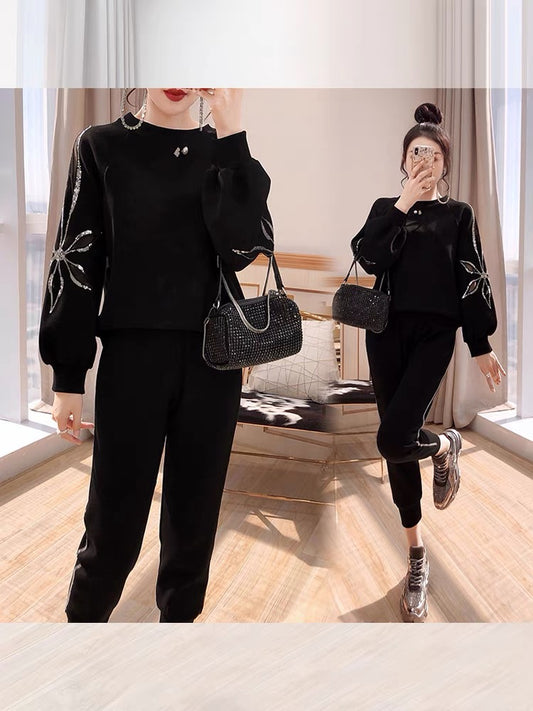 Casual suits Western style fashion age-reducing women's clothing 2022 autumn new pants black sports sweater two-piece set