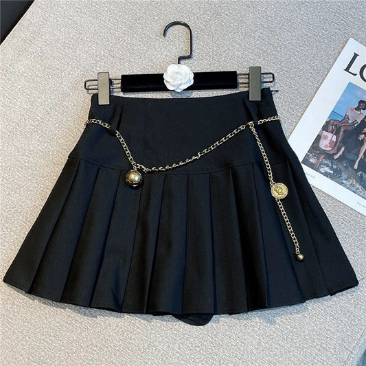2021 winter new French retro heavy industry metal waist chain slim fit all-match high waist pleated A-line suit skirt 1637