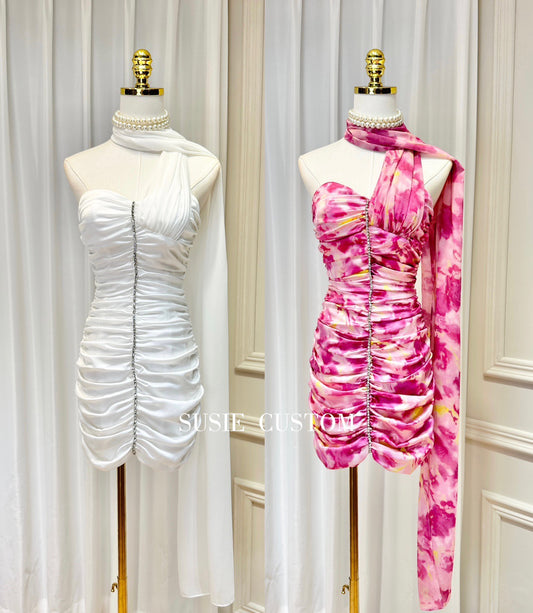 High-definition pure desire to show figure bib ribbon splicing tube top rhinestone chain pleated printed hip dress