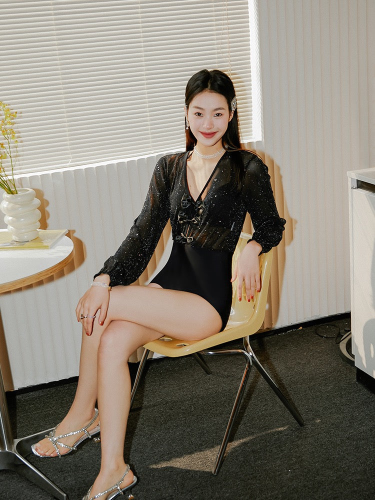 Yimeishan black swimsuit women's high-end sexy one-piece long-sleeved 2022 new hot spring swimsuit