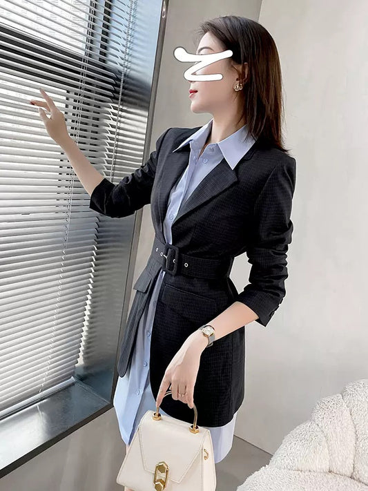 Autumn new temperament goddess fan with a complete set of women's plaid suit jacket shirt dress two-piece suit 1812