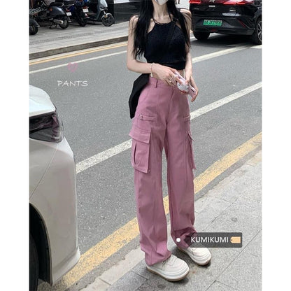 Kumikumi American retro pink overalls women's spring multi-pocket straight casual pants mopping wide-leg pants