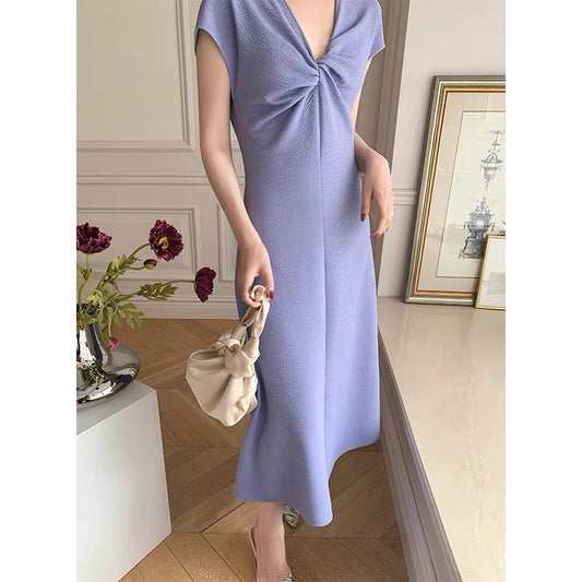 mona original summer V-neck French casual thin short-sleeved skirt holiday style wrinkled texture dress female