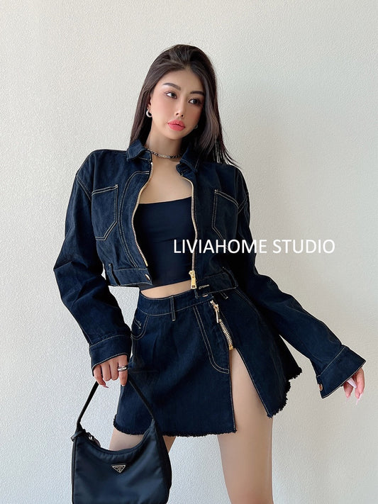 liviahome European and American ins retro zipper denim suit loose all-match short coat high waist slit skirt
