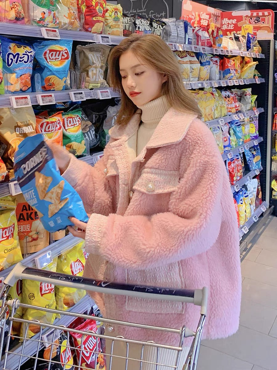 Pink lambswool coat women's autumn and winter short style small man 2022 new thickened Korean version loose fur integrated trend