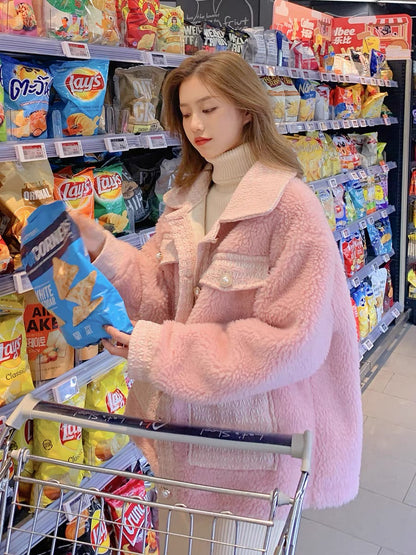 Pink lambswool coat women's autumn and winter short style small man 2022 new thickened Korean version loose fur integrated trend