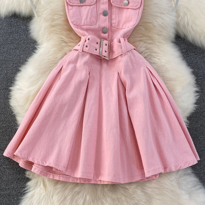 Summer hot girl sexy denim skirt design sense hanging neck waist short section small a-line fluffy pleated dressy