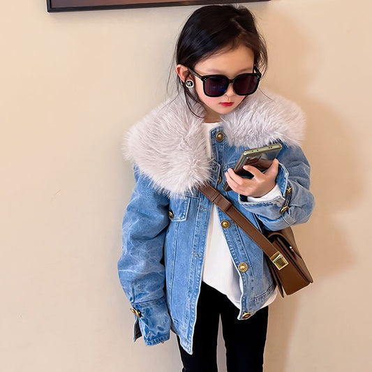 2022 Winter Girls Trendy Denim Fur Jacket Korean Style Children's Clothes Fashion Fur One-piece Stitching Wool Cotton Clothes
