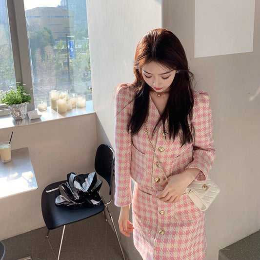 Pink small fragrant wind suit skirt women 2022 autumn new high-end casual fashion celebrity skirt two-piece set