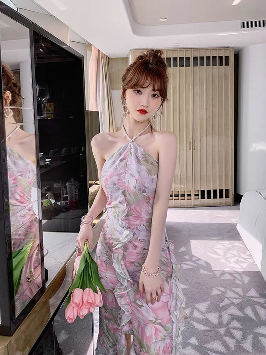European station French floral halterneck dress 2022 summer sweet pleated slim temperament organza long skirt