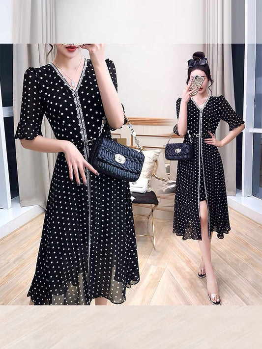 Black skirt women's 2022 new summer dress mid-length temperament v-neck polka dot light luxury celebrity fried street dress