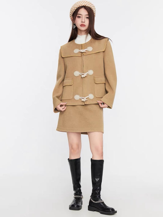 Fantu retro woolen horn buckle short all-match coat 2022 autumn and winter new texture woolen coat women