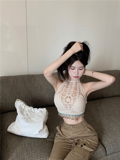 Sweet Spice Girl Hollow Camisole Female Summer Open Back Tassel Lace Inner Short Sexy Chic Unique Top