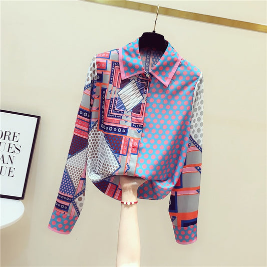 High-end heavy printed retro shirts women's 2022 early autumn design sense niche European tops fashionable western style