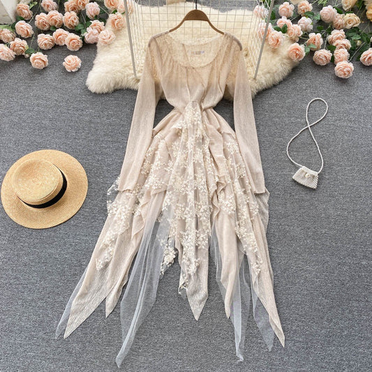 Round neck long sleeve tie waist irregular puffy big swing princess wind long dress dress 2022 spring new