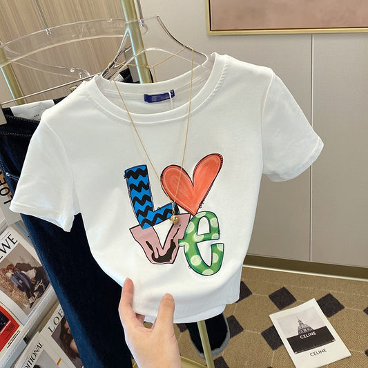 Color letter printing short-sleeved t-shirt women's pure cotton 2023 summer new pure desire style unique short hot girl top