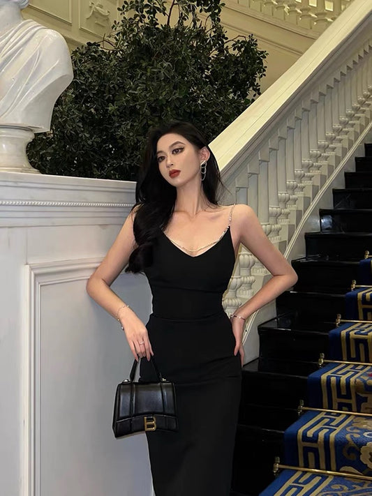 French pure desire suspender dress women's summer tea break hot and thin temperament chic stunning mid-length little black dress 7544