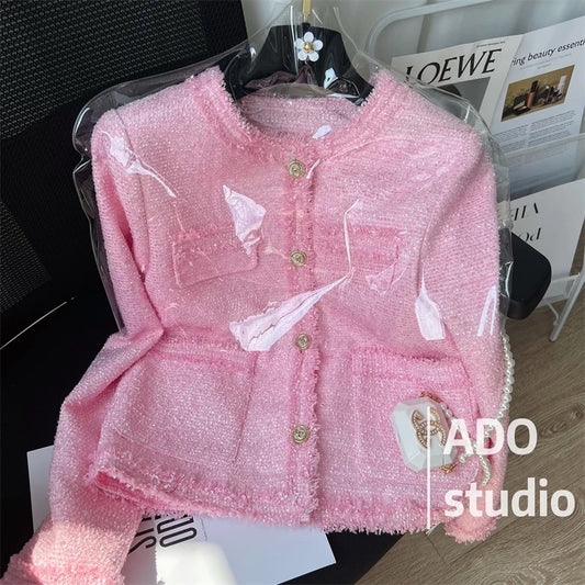 Pink small fragrance coat women's 2022 autumn new high-end temperament ladies niche Western-style girl top