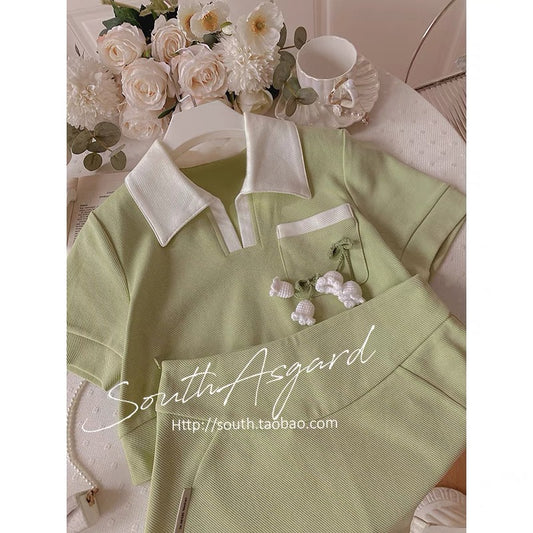 Southern Asgard pure sweet suit summer green Polo short-sleeved sweet and gentle high-end summer two-piece suit