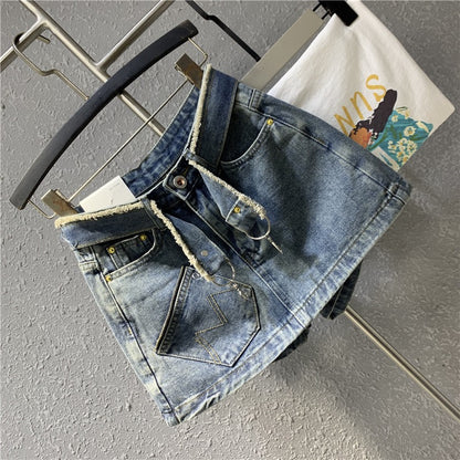 Original 2023 spring new retro light blue denim a-line skirt sexy zipper pocket petite skirt