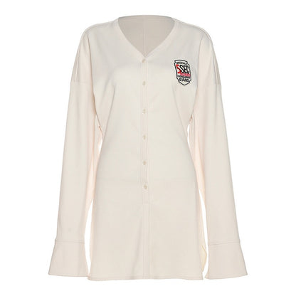 #Sisjuly# American sweet cool girly style vibe single-breasted pleated waist V-neck letter label dress female