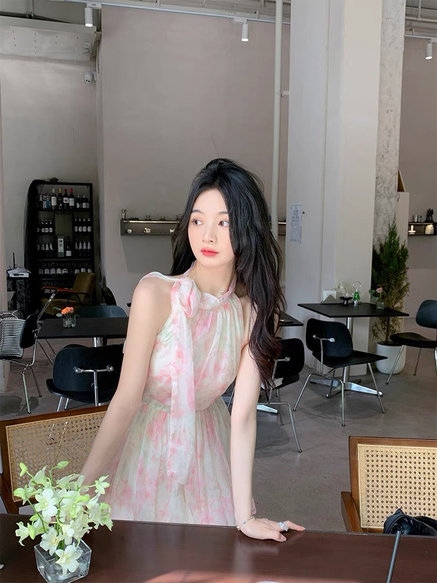 ByYou summer pink halter neck off-shoulder floral dress women's high-waisted thin high-end temperament chiffon fairy dress 1148