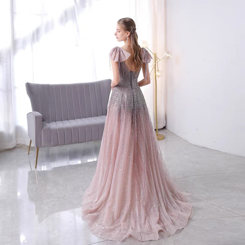 Pink purple V-neck one-shoulder high-end evening dress female 2022 new bridal banquet toast clothing annual meeting show